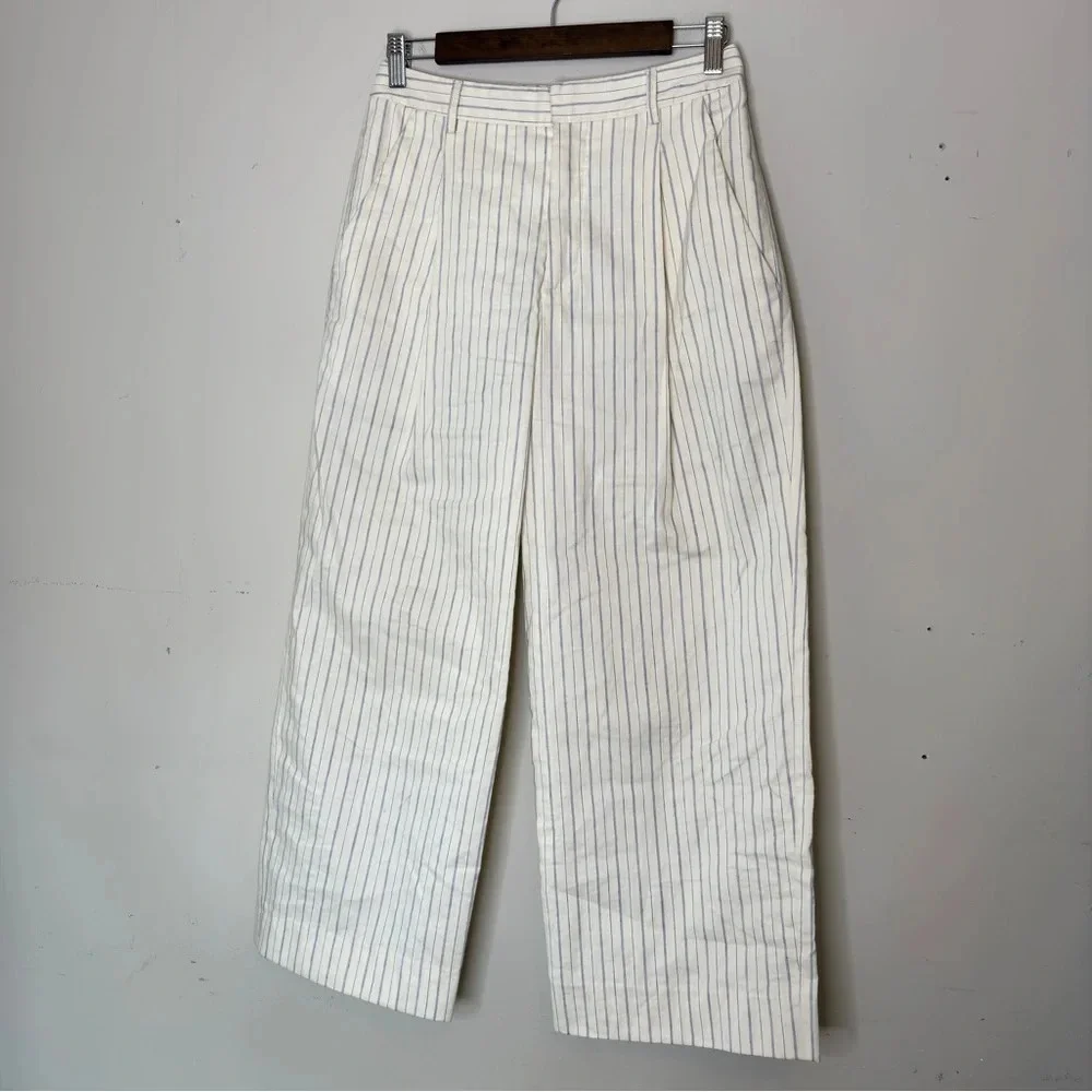 Creatures of Comfort Striped Pleated Linen Blend Wide Leg Henry Crop Pant Size 2